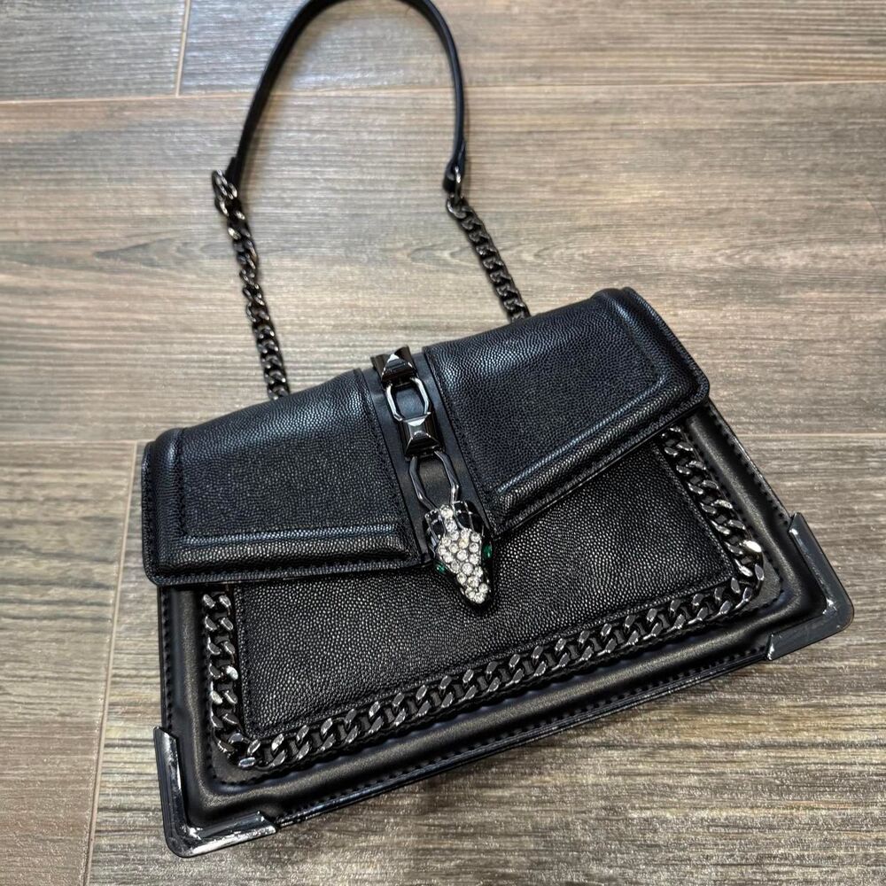 Aldo Black leather crossbody/shoulder bag gunmetal chain silver snake rhinestone